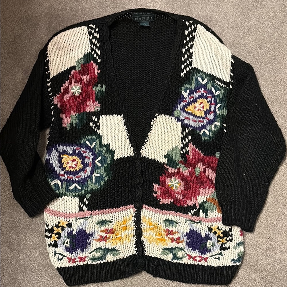 Hand Knit Floral Cardigan Sweater